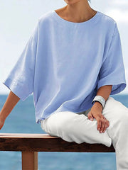 Solid Crew Neck 3/4 Sleeves Loose T-shirt