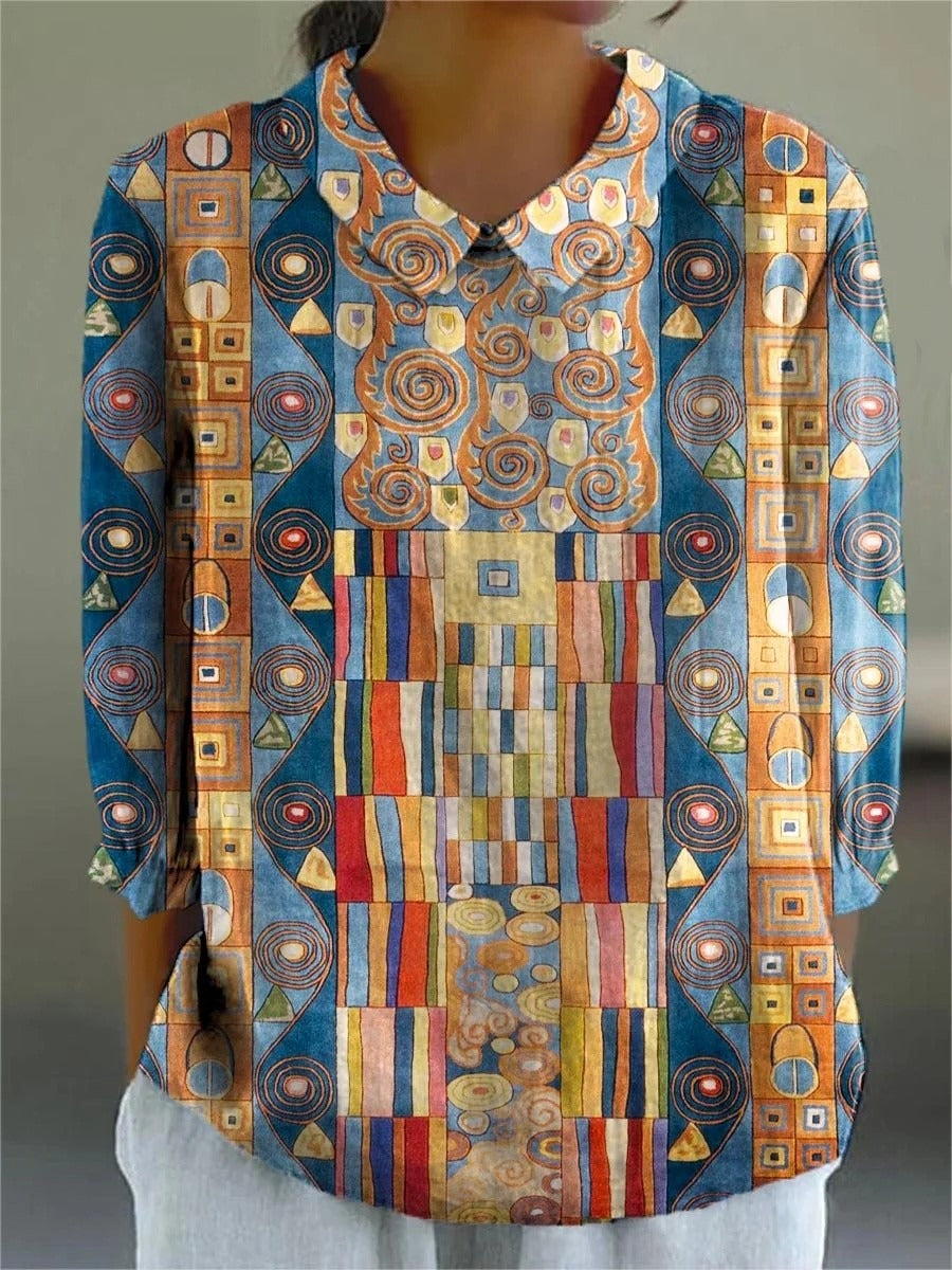 Geometric Print Round Neck 3/4 Sleeves Casual Shirt