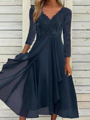 Solid V-neck Long Sleeves Comfy Midi Dress