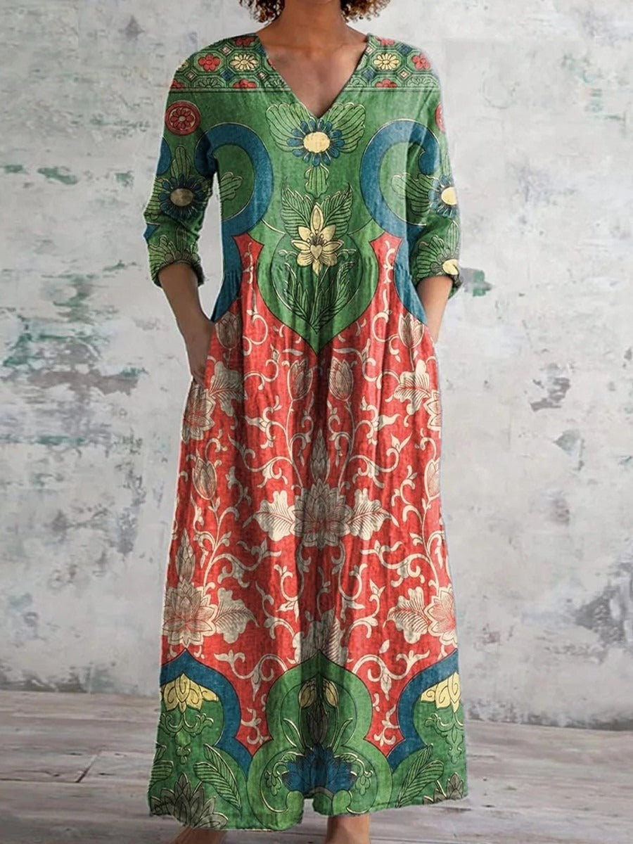 Vintage Floral Green-and-Red Maxi Dress