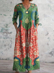 Vintage Floral Green-and-Red Maxi Dress