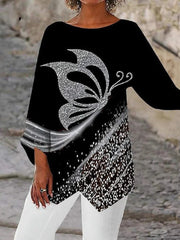 Butterfly Round Neck Long Sleeve Casual Blouse