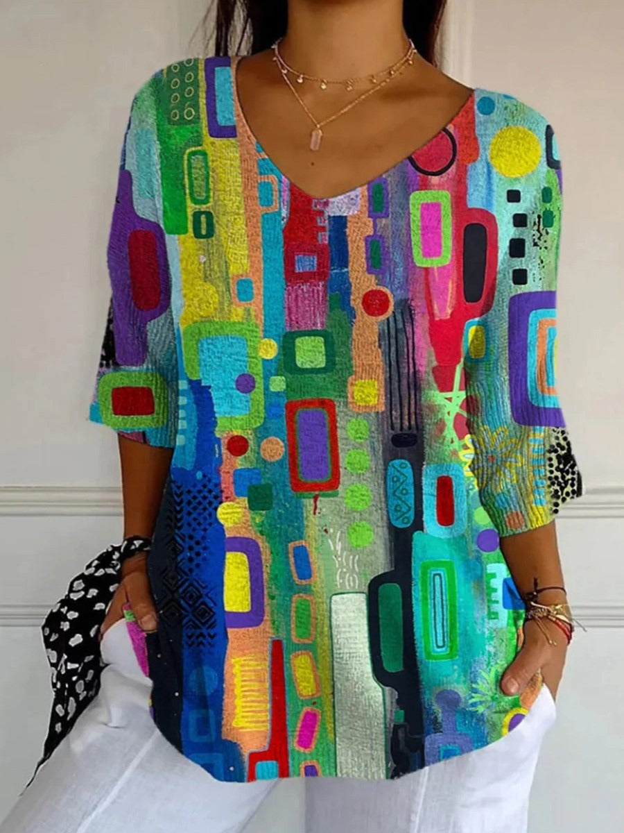 Abstract art style V-neck 3/4 Sleeve Tops Main image