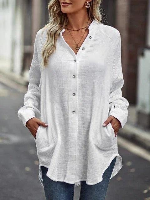 Casual White Relaxed Notch Neck Button-Up Plain Blouse