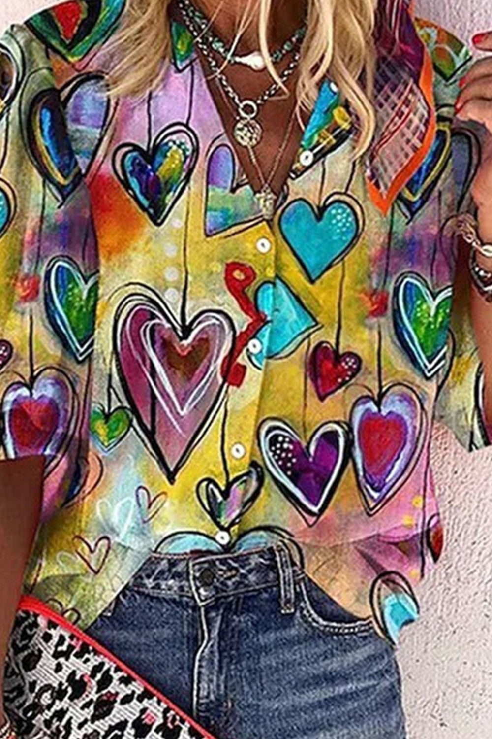 Valentine's Day Love Pattern Casual Loosen Cartoon Print Half Sleeves Blouse