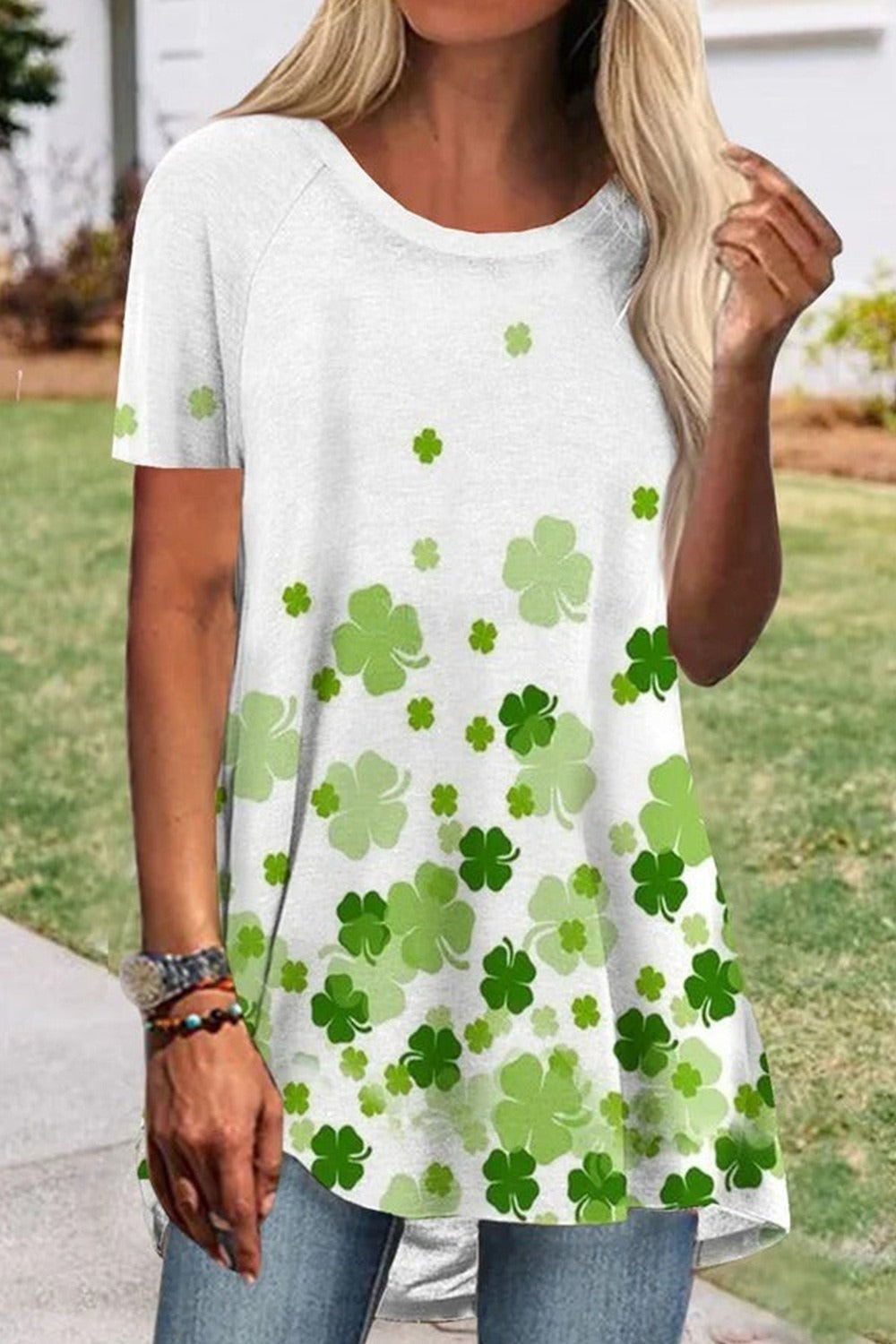 St. Patrick's Crew Neck Four-Leaf Clover Knitted Short Sleeves Casual Top