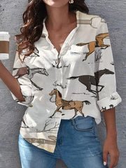 Horses Print Vintage Long Sleeve Casual Blouse