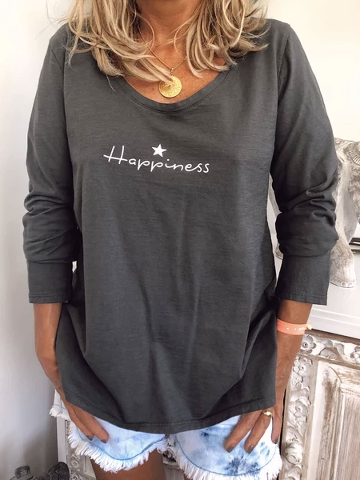 O-Neck Happiness Print Long Sleeve T-shirt