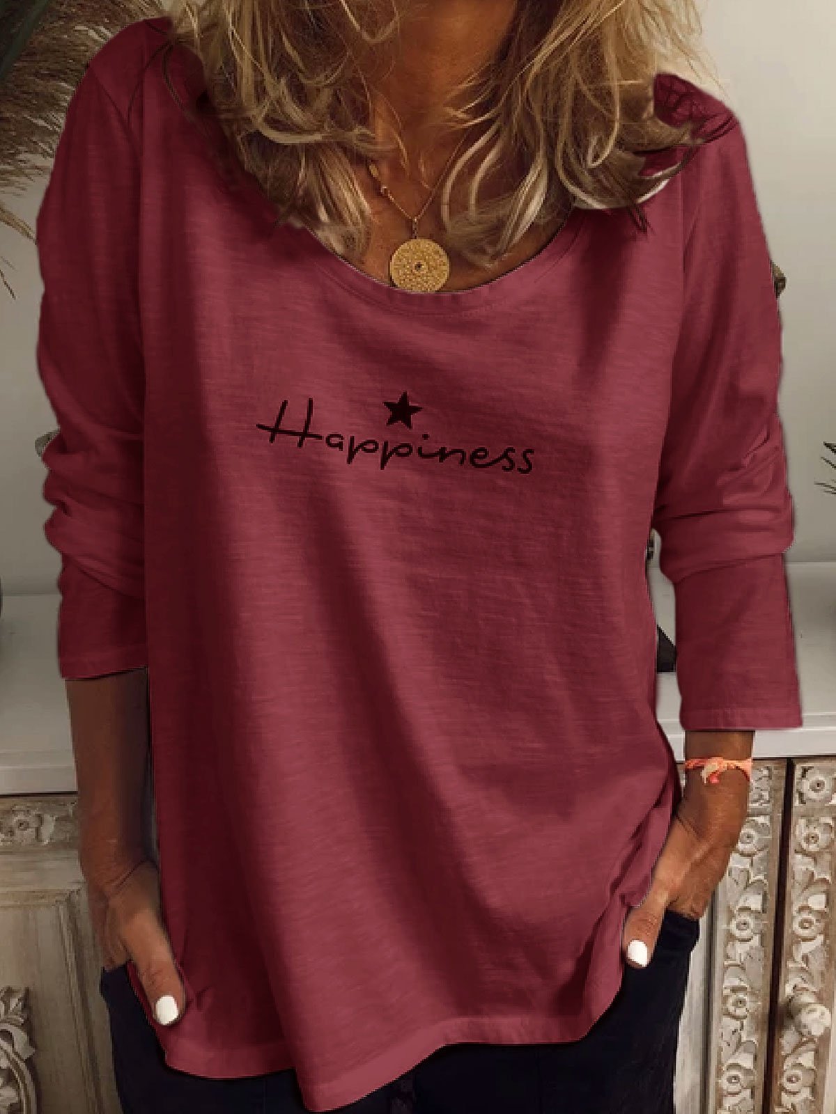 O-Neck Happiness Print Long Sleeve T-shirt