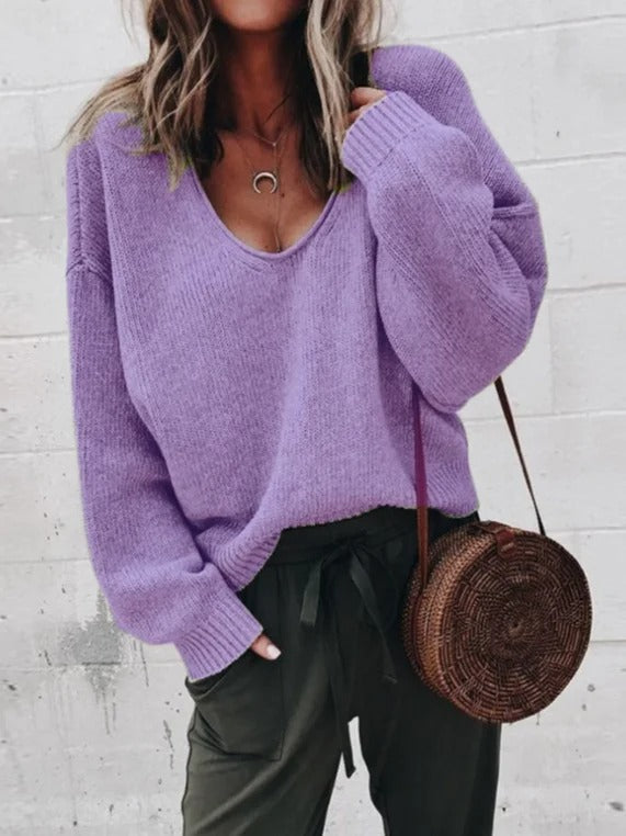 Plain Casual Long Sleeve V Neck Yarn/Wool Yarn Sweater