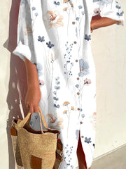 Casual Floral Loose Shirt Collar 3/4 Sleeves Shirt Midi Dress