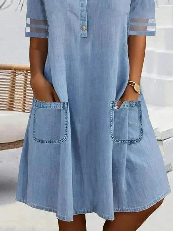 Women's Half Sleeve Summer Plain Denim Dress with Pocket and Shirt Collar Daily Casual Midi H Line Blue