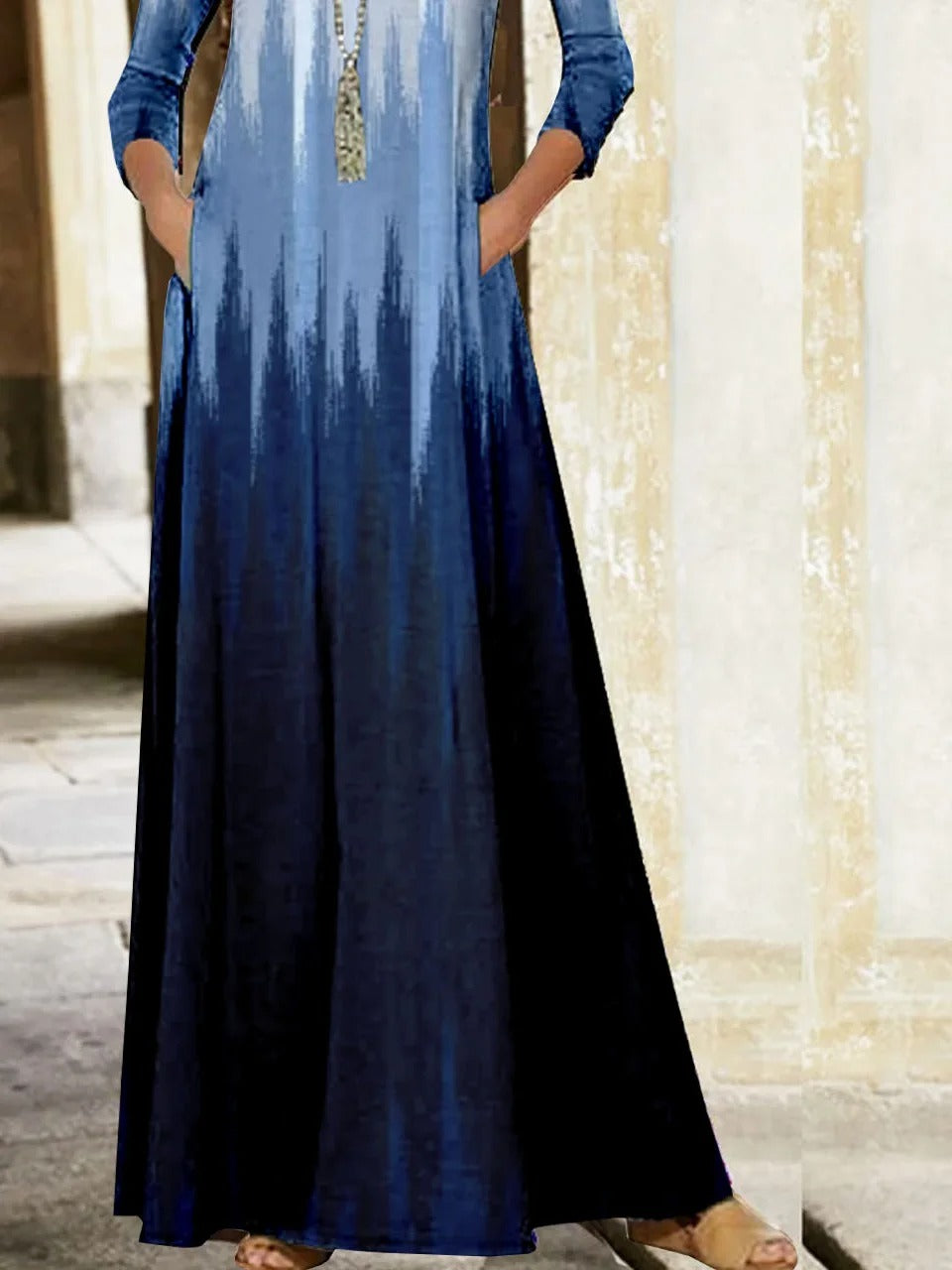 Women's Striped Crew Neck Long Sleeve Comfy Casual Maxi Dress