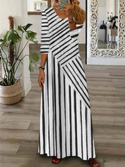 Women's Stripe V Neck Long Sleeve Comfy Casual Maxi Dress