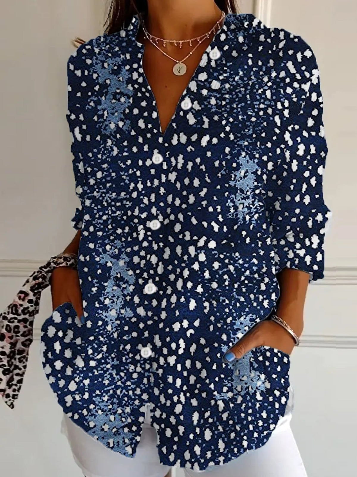 Ethnic Polka Dots Shirt Collar Long Sleeve Loose Shirt