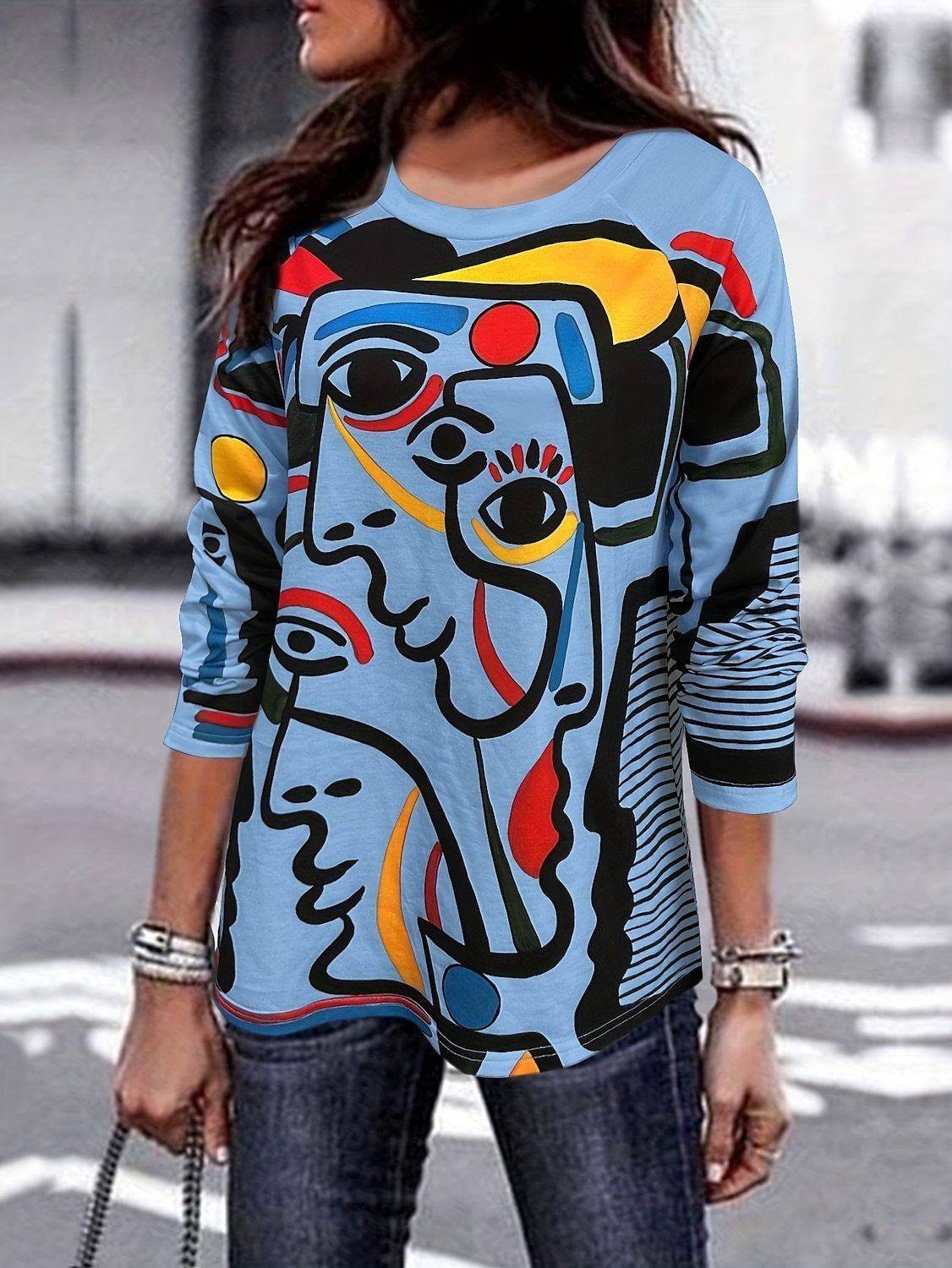 Abstract Face Print Long Sleeve Crew Neck Casual Blouse Main image