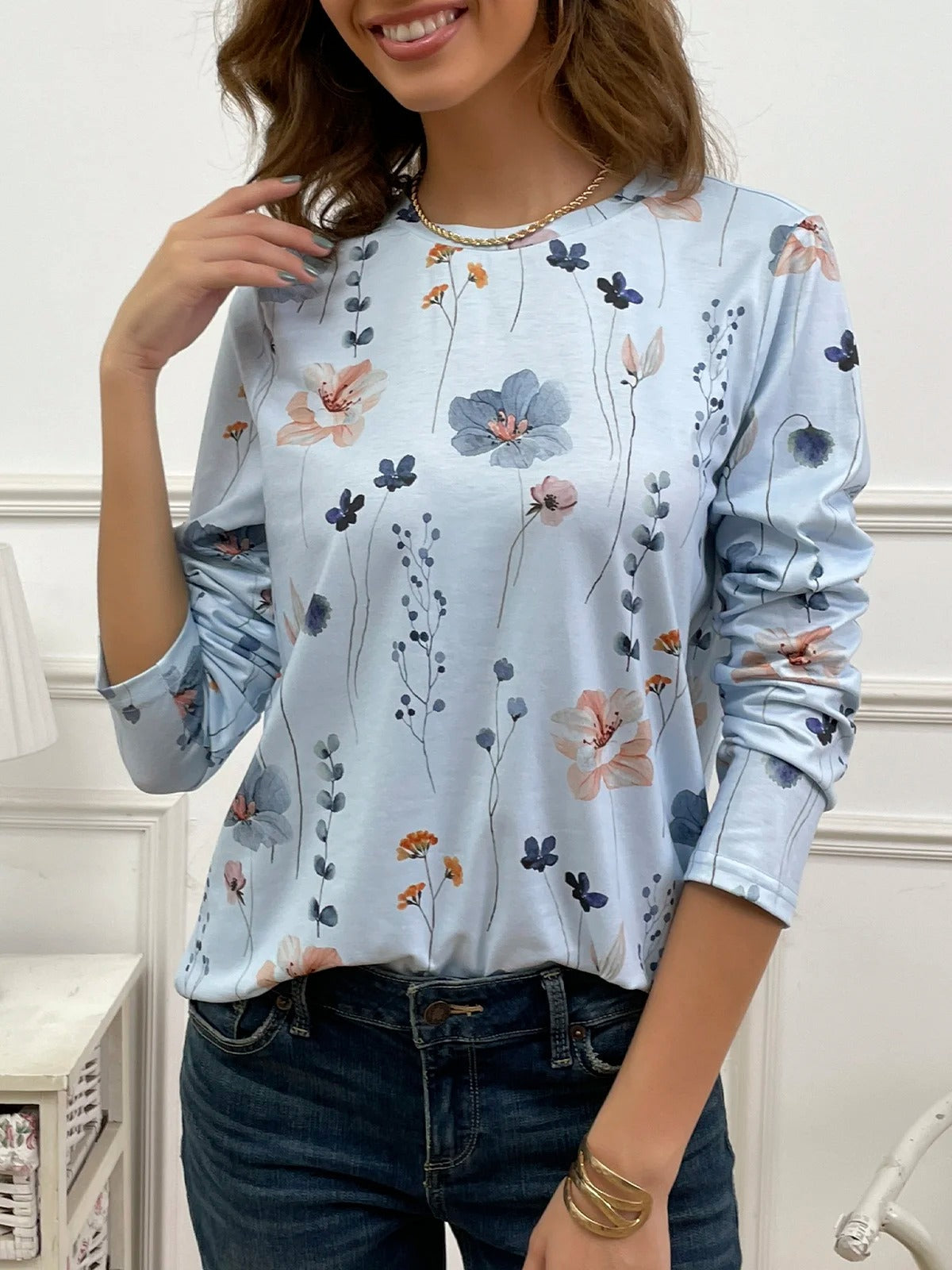 Casual Floral Print Crew Neck Long Sleeve Daily Loose Blouse