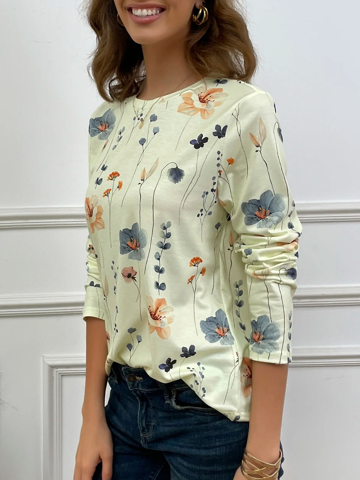 Casual Floral Print Crew Neck Long Sleeve Daily Loose Blouse