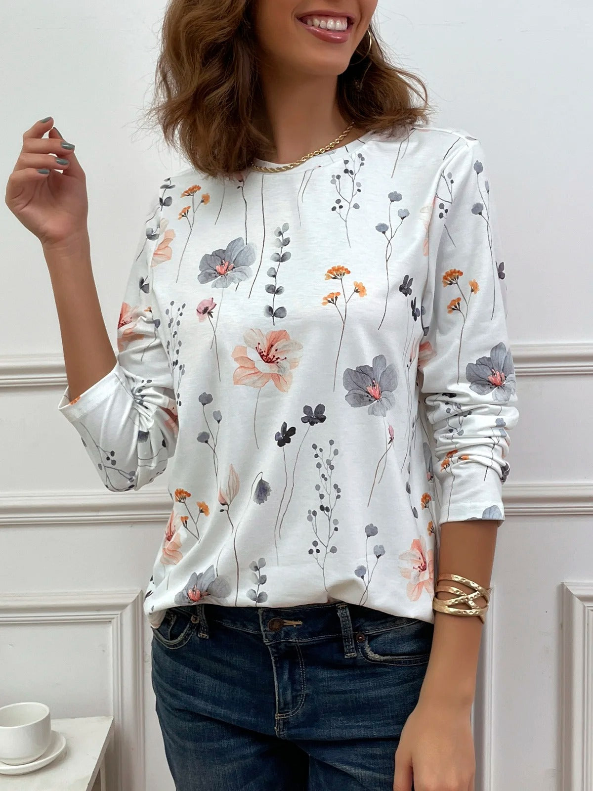 Casual Floral Print Crew Neck Long Sleeve Daily Loose Blouse