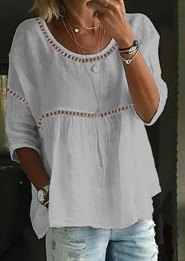 Plain Crew Neck 3/4 Sleeves White Comfy Blouse