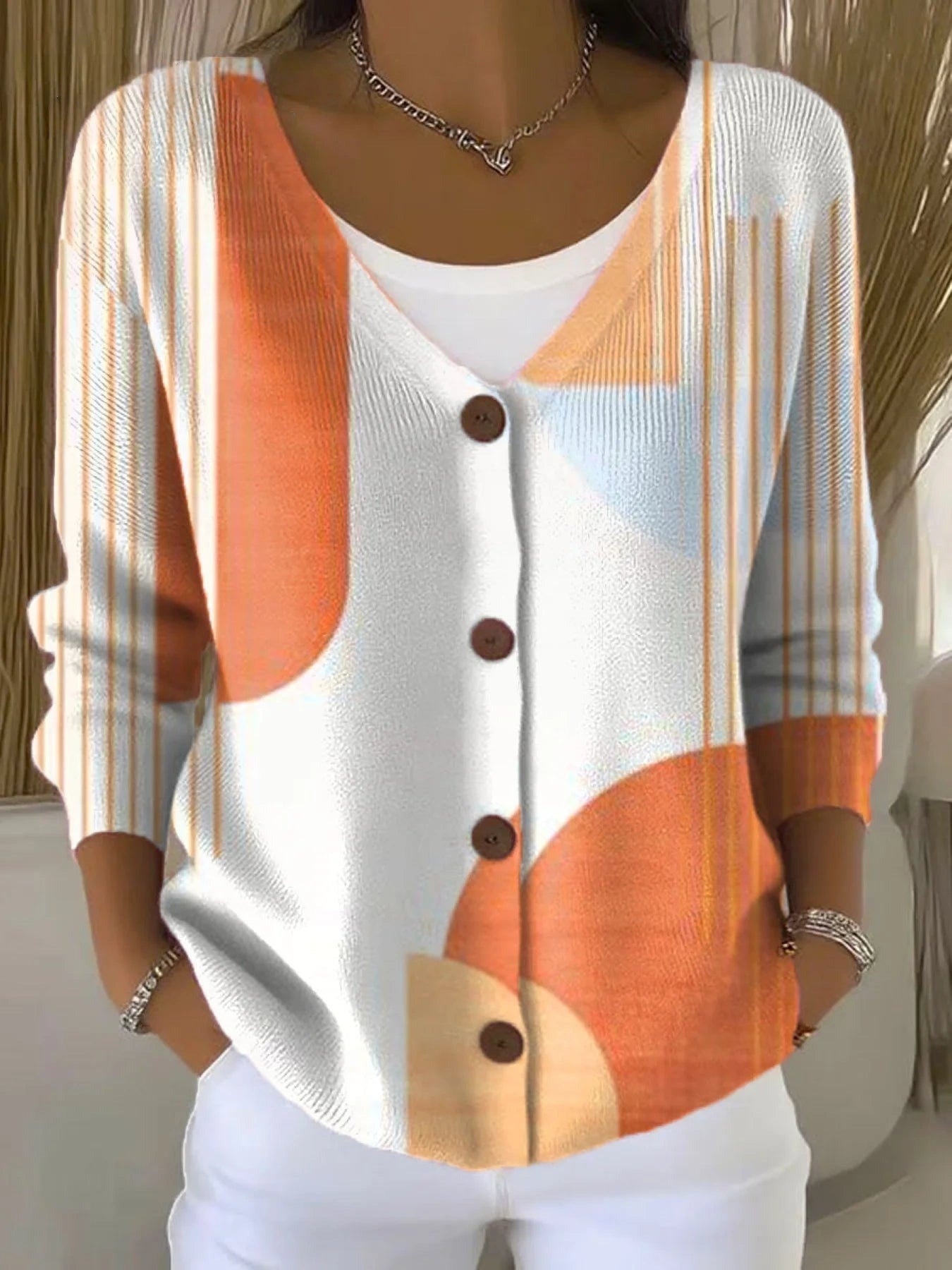 Abstract Geometric Print Buttoned Long Sleeve Comfy Cardigan Main image