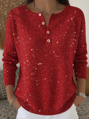 Shiny Henley Neck Solid Color Sweater Tops