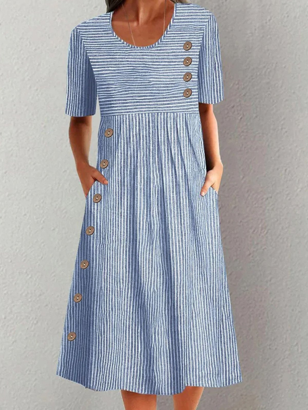Women's Striped Crew Neck Short Sleeve Comfy Casual Buckle Midi Dress