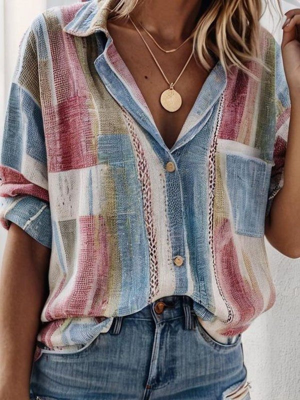Women's Shirt Collar Short Sleeve Color Block Open Front Regular Loose Blouse