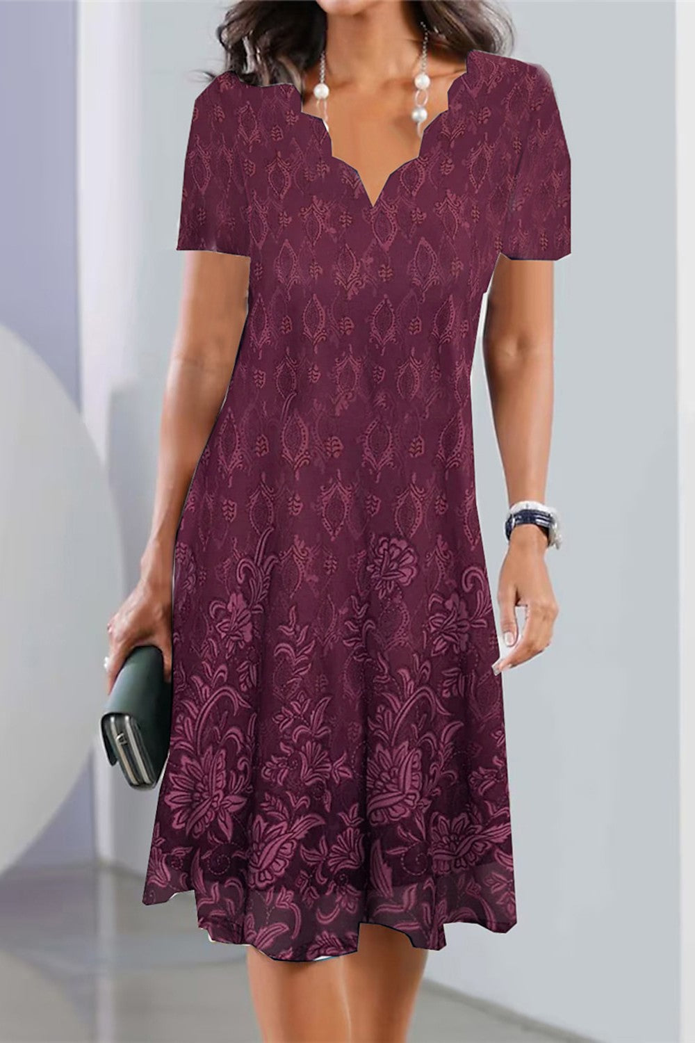 Scalloped Neck Short Sleeve Floral Midi Dress Main image