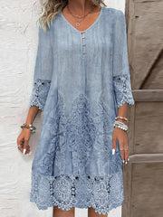 V Neck Casual Jersey Lace Edge Mini Dress