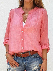 Plain Shift Cotton Long Sleeve V Neck Shirt