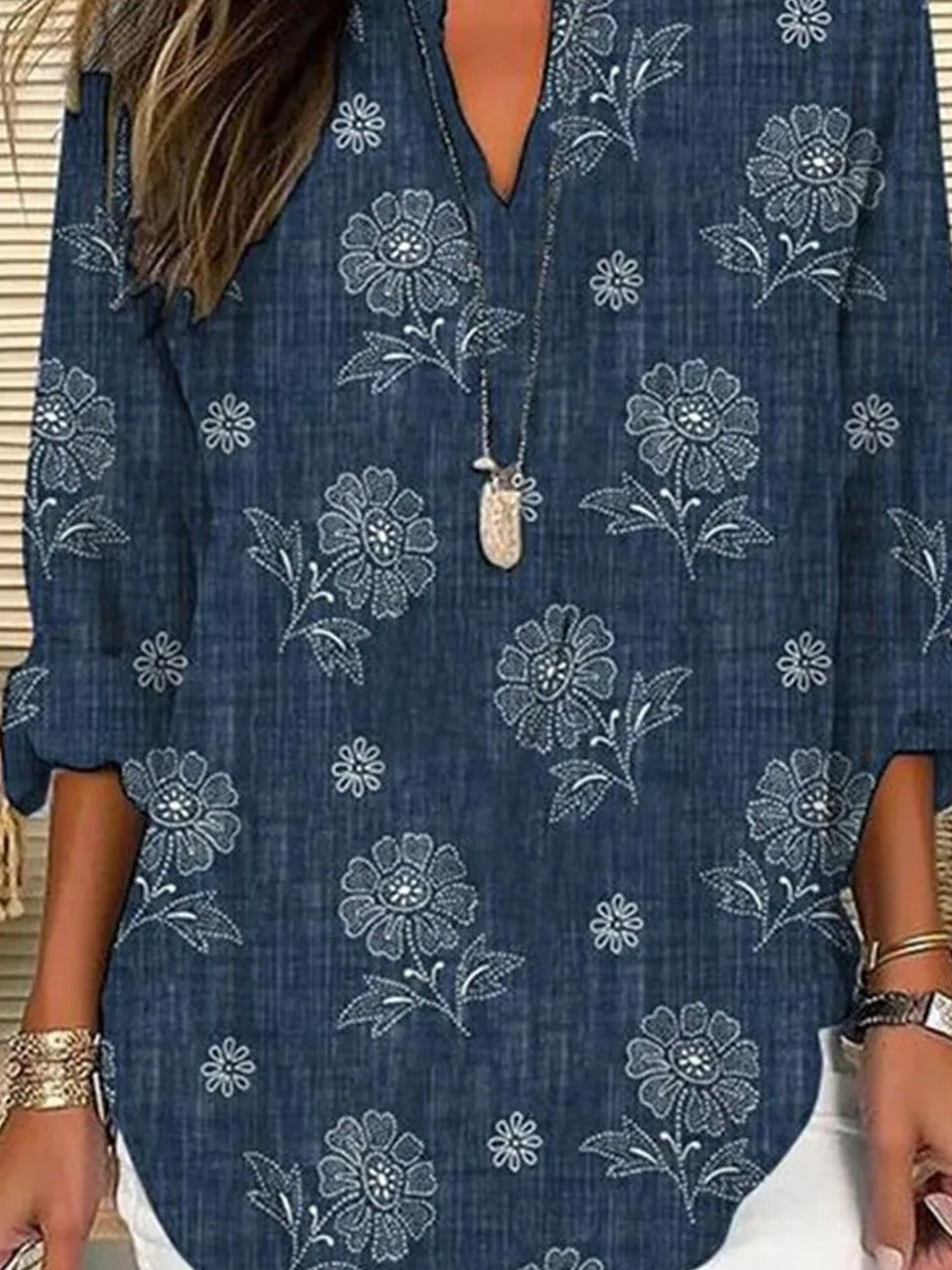 V Neck Long Sleeve Floral Regular Loose Shirt For Women