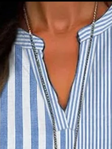 Women's Casual Striped Long Sleeve Notched Regular Loose Shirt