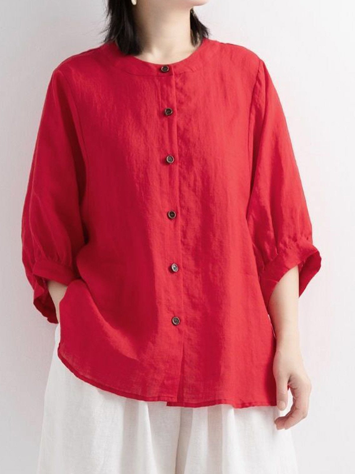 Crew Neck Three-Quarter Lantern Sleeve Plain Loose Shirt For Women