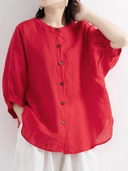 Crew Neck Three-Quarter Lantern Sleeve Plain Loose Shirt For Women