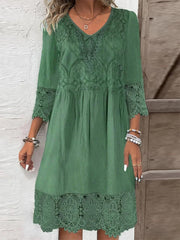 Plain Lace Casual Loose 3/4 Sleeves Midi Dress