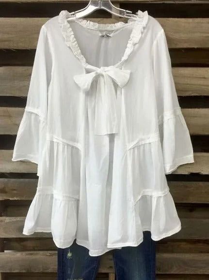 Plain V Neck Cotton-Blend Blouse