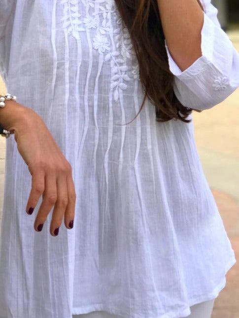 Plain V Neck Cotton Casual Lace Shirt