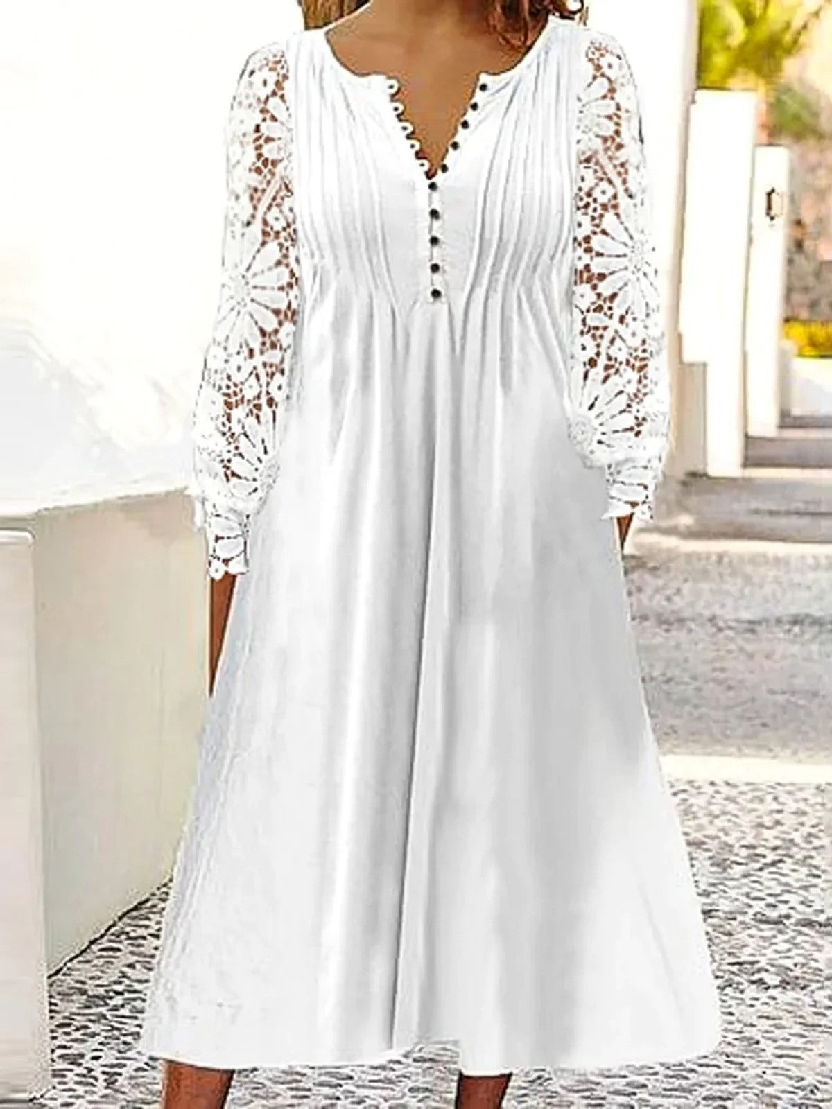 Women's Buckle Loose V Neck Casual Midi Dress