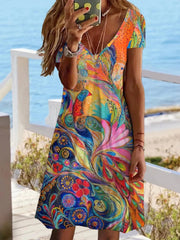 Women's Knee Length Short Sleeve Printed floral Jersey V Neck Casual Mini Dress