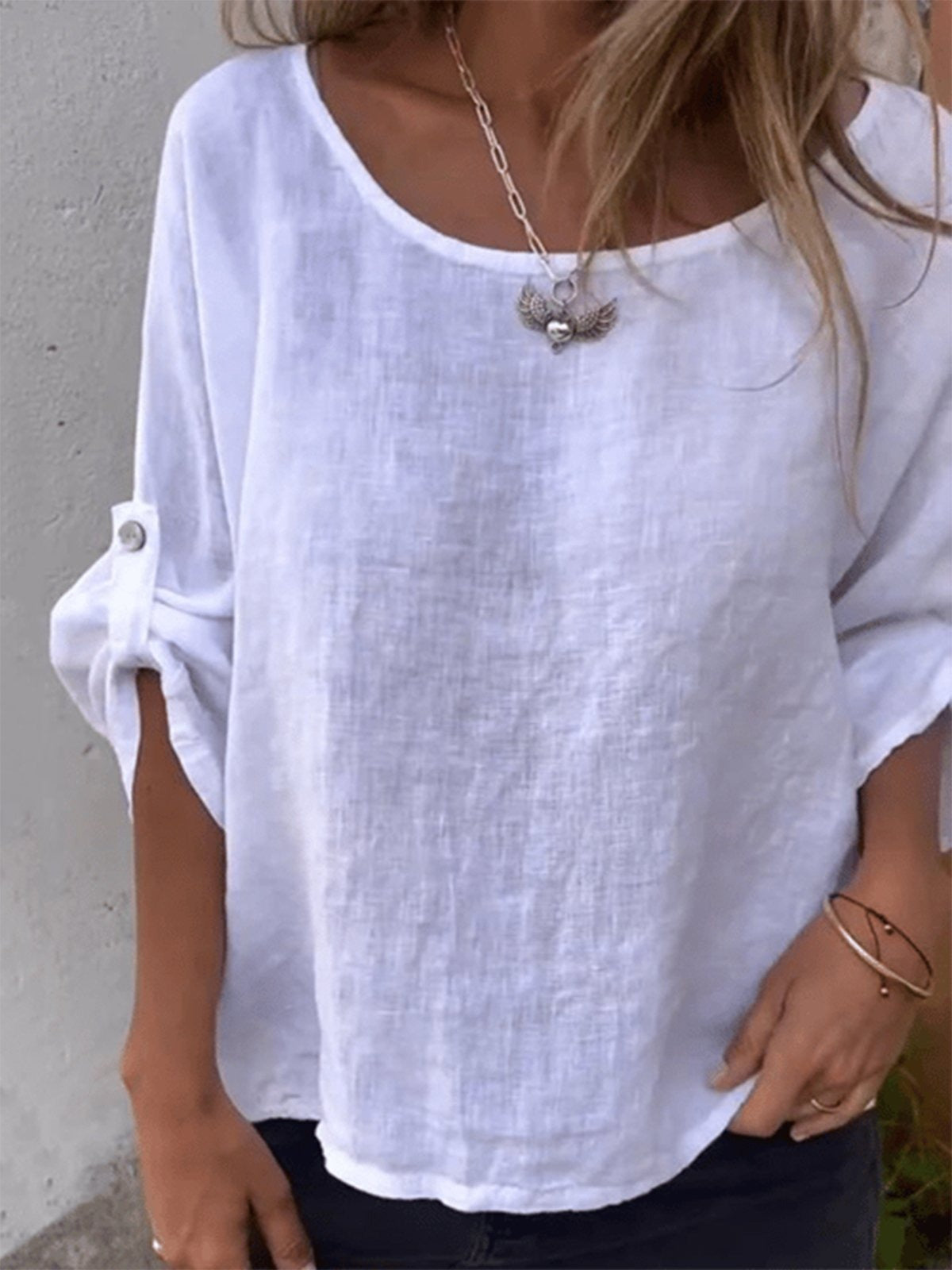 3/4 Sleeves Casual Cotton Crew Neck Plain Shirt Secondary image