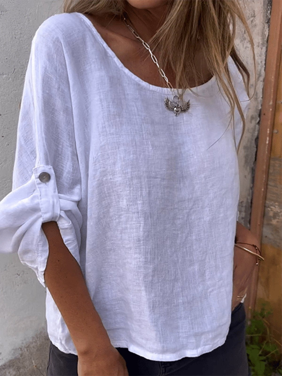 3/4 Sleeves Casual Cotton Crew Neck Plain Shirt Main image