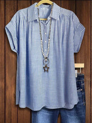 Striped Linen Stand Collar Short Sleeve Blouse