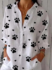 Linen Shawl Collar Heart/Cordate Half Sleeve Blouse
