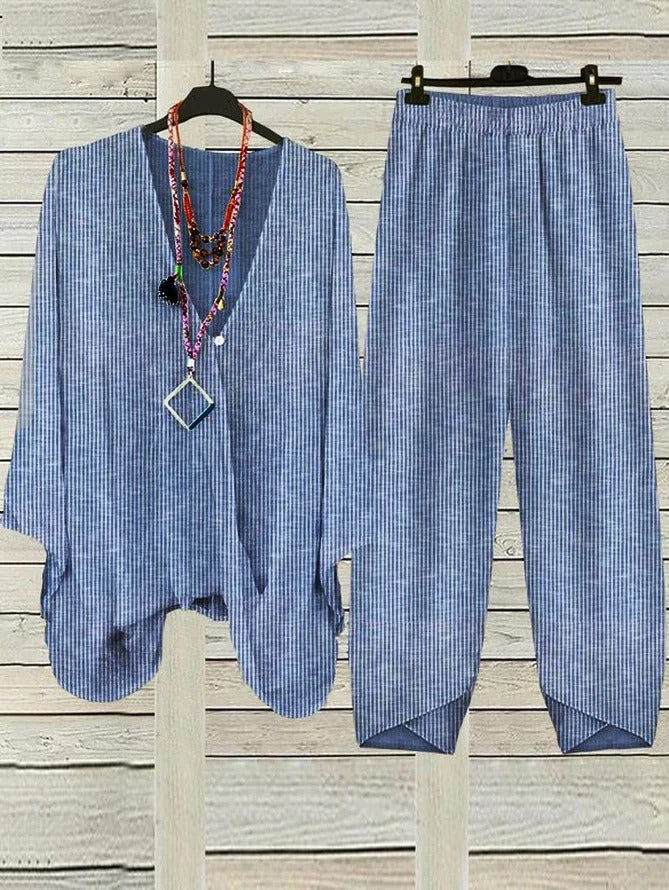 Striped V Neck Long Sleeve Loose Casual Two-Piece Set