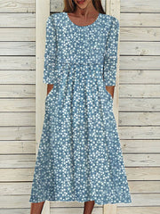 Loose Casual Ditsy Floral Crew Neck Long Sleeve Midi Dress