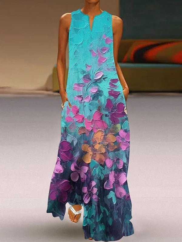 Floral Loose Casual Pocket Stitching Notched Sleeveless Maxi Dress