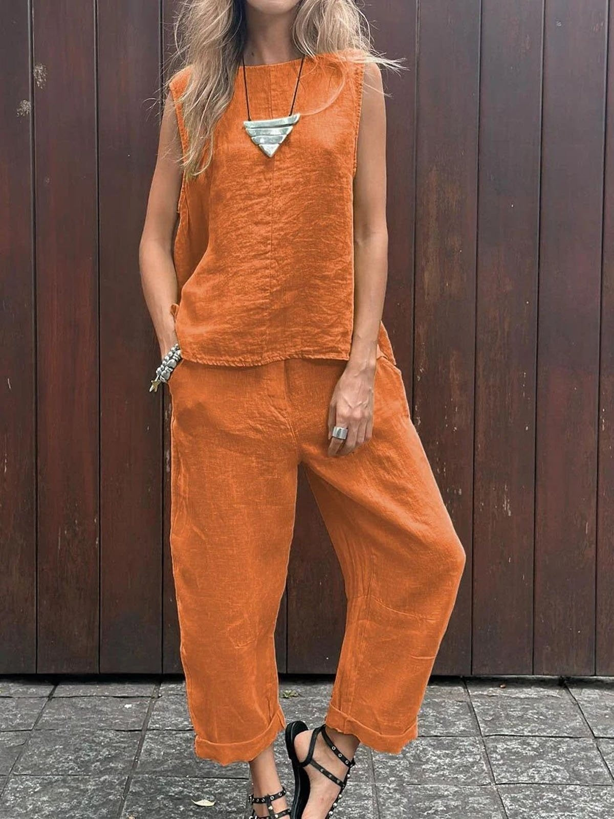 Plain Round Neck Sleeveless Casual Top With Pants Two-Piece Suits