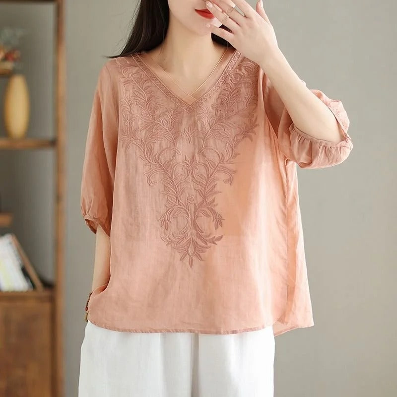 Floral Embroidery V-neck Loose Casual Shirt