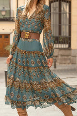 Ethnic V-neck Long Sleeve Comfy Midi Dress